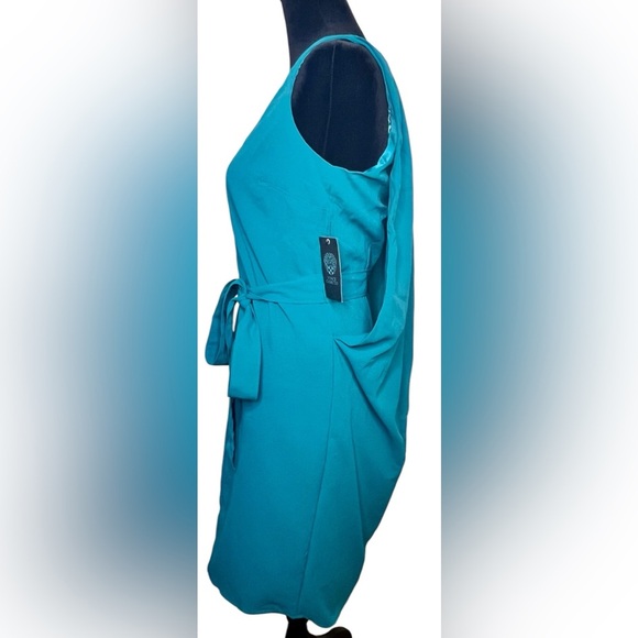 NWT Vince Camuto sleeveless teal dress. Pleated cape back. wrap sash belt. 2 - Picture 8 of 16